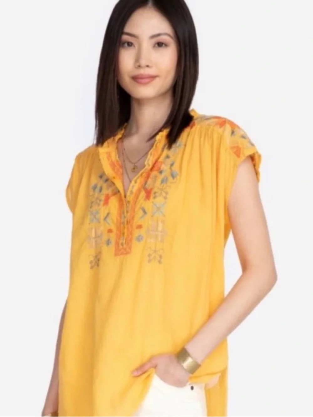 Johnny Was BIYA gold floral embroidered short sleeve blouse size XL